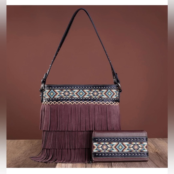 Handbags - Black Montana West Aztec Tiered Fringe Concealed Carry Hobo And Wallet Set